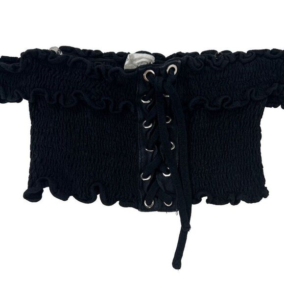 Vintage Y2K Black Grunge Baddie Smocked Off The Shoulder Lace Up Crop Top / M - Picture 6 of 8